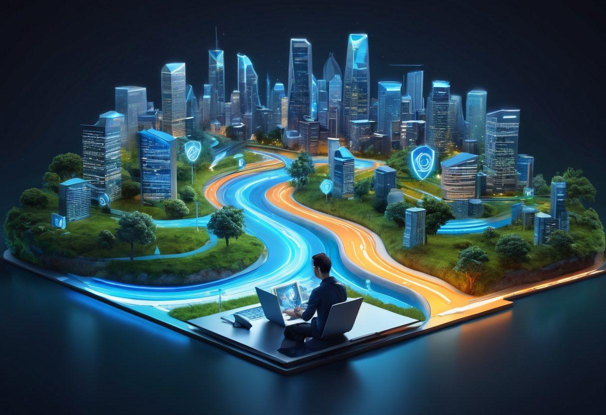 A digital map with paths leading to various icons representing online insurance solutions, such as a shield, coins, and checkmarks. Include a person with a laptop at the center, looking confident and exploring their options. Use vibrant blues and greens to convey trust and accessibility. Background features a futuristic city skyline to represent the digital landscape. 3D. vibrant colors.