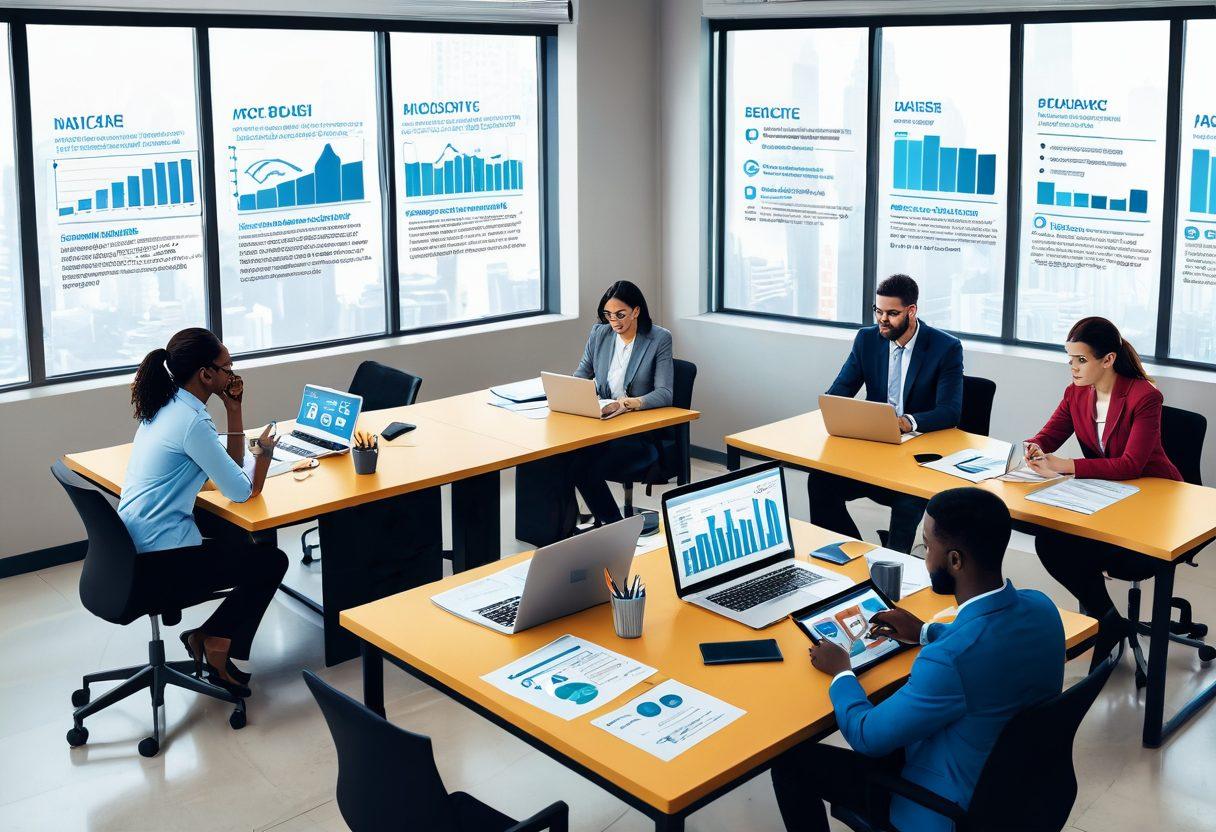 A visually engaging infographic depicting a diverse group of people thoughtfully analyzing different digital insurance policies on tablets and laptops. Include elements like checklists, charts, and coverage icons, symbolizing various insurance types. Use a modern office setting with natural light, showcasing collaboration and discussion. Bright and inviting color palette to convey clarity and understanding. vector art. vibrant colors.