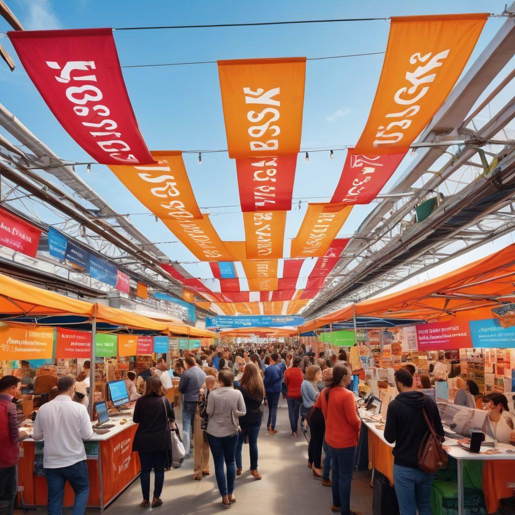 A vibrant marketplace bustling with diverse shoppers comparing insurance quotes under colorful banners. Feature a central display with laptops showing various insurance plans, surrounded by friendly agents assisting customers. Incorporate elements like a large sign with 'Best Quotes' in bold letters and imagery of retail items, such as clothing and electronics. The scene should evoke a sense of community and support in finding insurance solutions. super-realistic. vibrant colors. dynamic composition.
